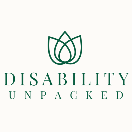Green logo with stylised leaves on top of text that says "Disability Unpacked"